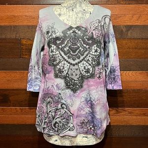 No Brand Tag V Neck 3/4 Sleeve Embellished Floral Top